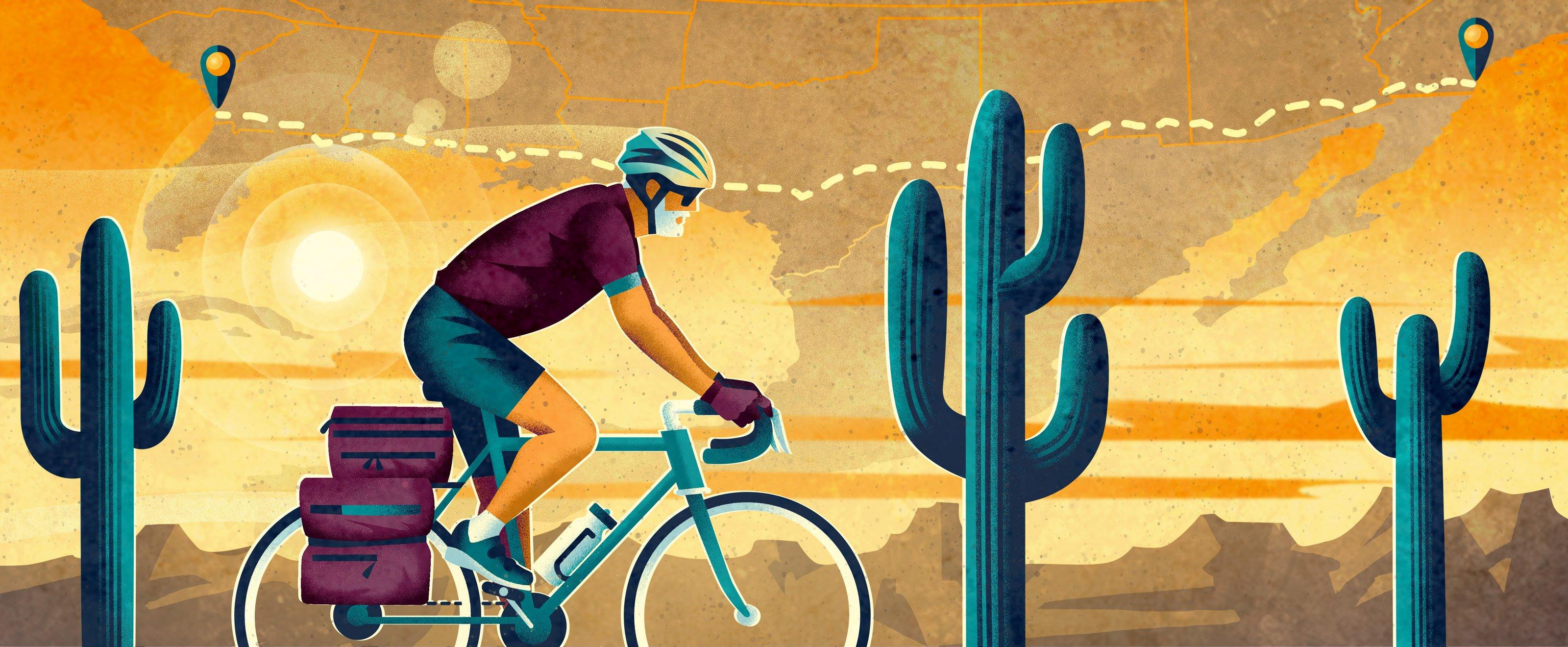 An illustration of a man on a bike riding through a desert